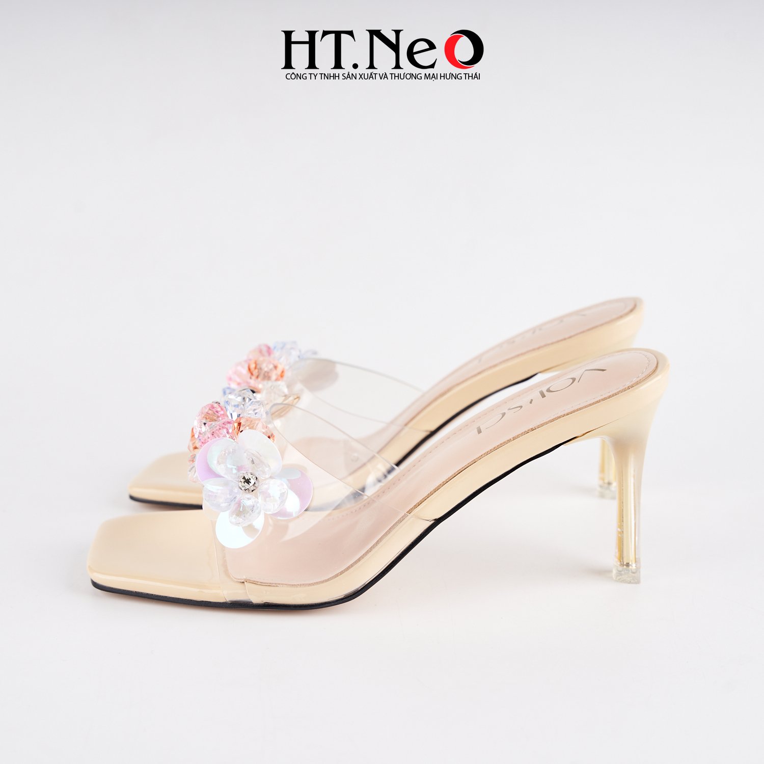 Sandal nữ da SDN170 cao 8p thiết kế trẻ trung, độc đáo với quai dép mica trong suốt đính hoa đá