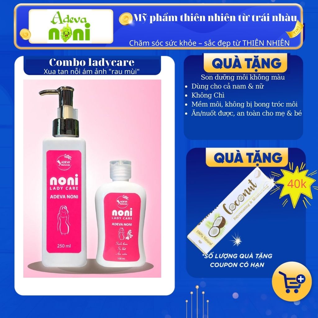 Dung dịch vệ sinh phụ nữ từ thảo mộc thiên nhiên trái nhàu Adeva Noni - Combo 2 chai, tặng kèm son dưỡng môi - Xua tan nỗi ám ảnh rau mùi