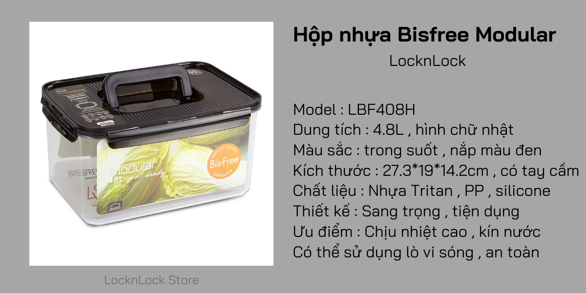 Hộp bảo quản thực phẩm hình chữ nhật Lock&amp;Lock Bisfree Modular 4.8L LBF408 LBF408H – Màu nâu