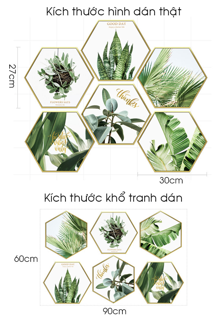 Decal 6 khối lục giác hình lá xanh A204