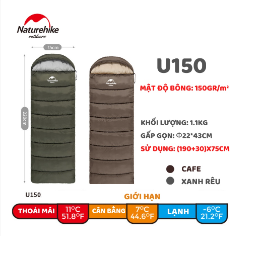 Túi ngủ đơn siêu nhẹ có mũ NatureHike NH20MSD07 - Xanh rêu - U150