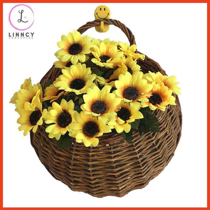 Hoa giả - giỏ hoa lụa treo tường mây tre đan nhiều mẫu trang trí nhà cửa, cửa hàng, văn phòng, lớp học