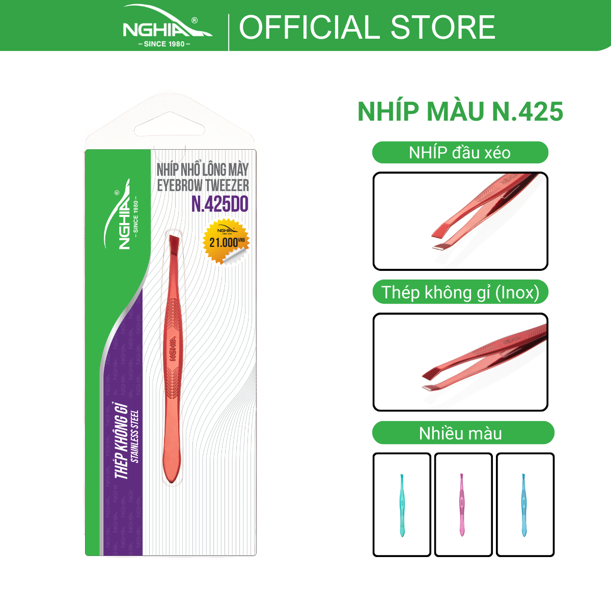 Nhíp Inox Đầu Xéo Nhổ Lông Mày Cao Cấp Kềm Nghĩa N.425