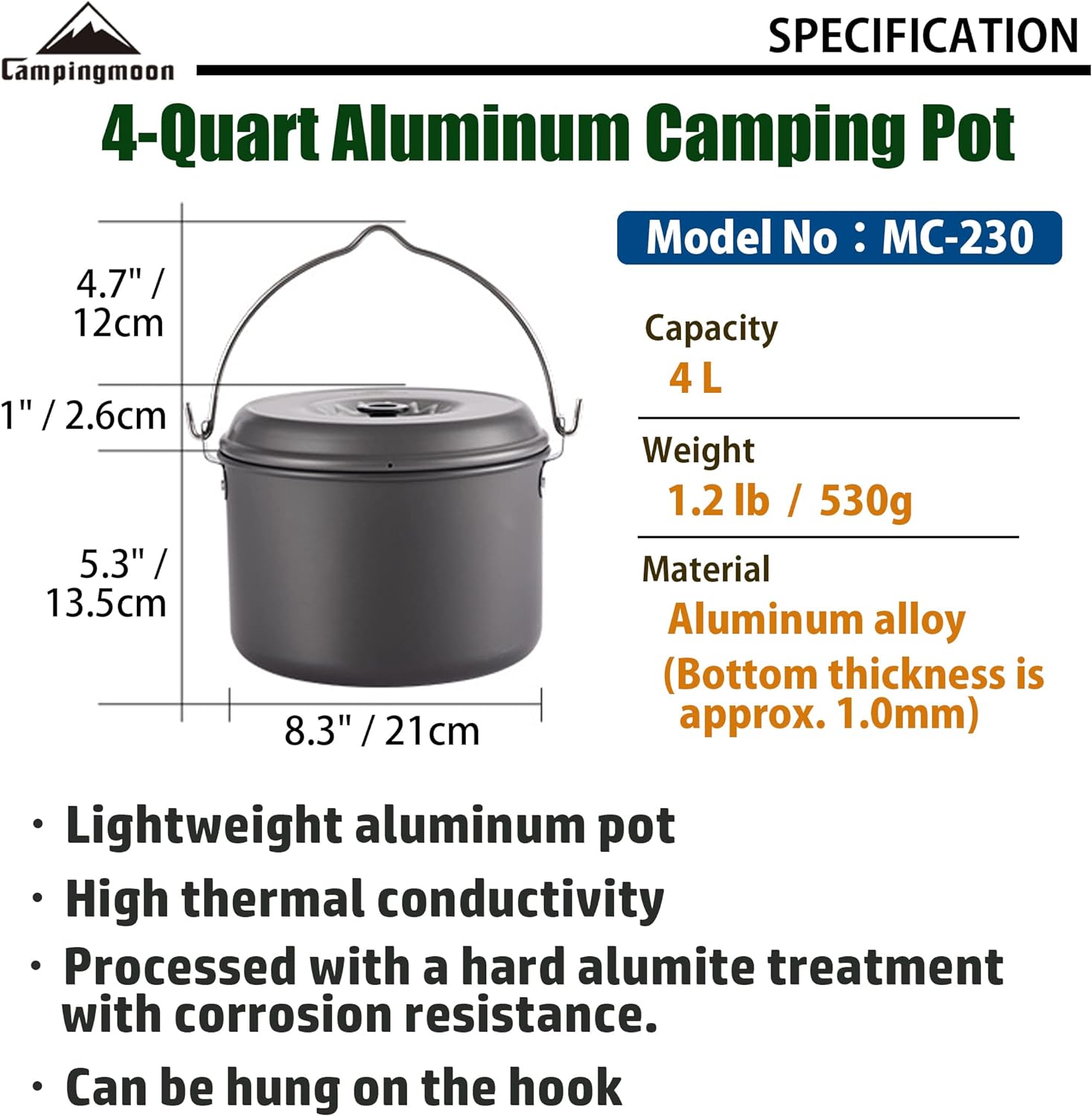 Nồi treo dã ngoại bằng nhôm Campingmoon MC-230 (4 lít)