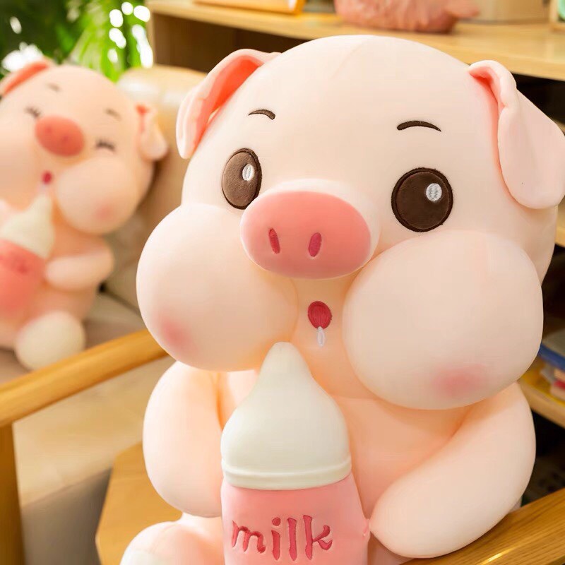 Gấu bông heo ôm bình sữa siêu dễ thương – Quà tặng thú nhồi bông lợn má phệ bú bình – Size từ 40 cm đến 80 cm – Gối ôm heo milk cho bé ngủ ngon
