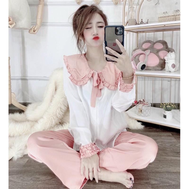 Bộ pijama dài tay, Đồ bộ ngủ mặc nhà dài tay lụa satin cao cấp, cổ phối bèo nơ tiểu thư