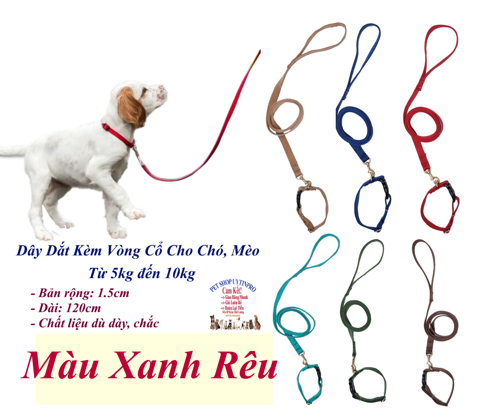 Dây dắt kèm vòng cổ cho Chó Mèo từ 5kg đến 10kg Bản rộng 1.5cm Không in hình Chất liệu dù dày, Bền, Chắc, Cao cấp