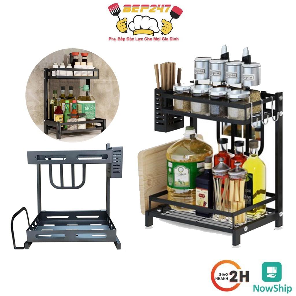 Kệ Để Gia Vị 2 Tầng Inox Sơn Tĩnh Điện Đen - Kệ Để Giao Thớt Đồ Dùng Nhà Bếp Đa Năng