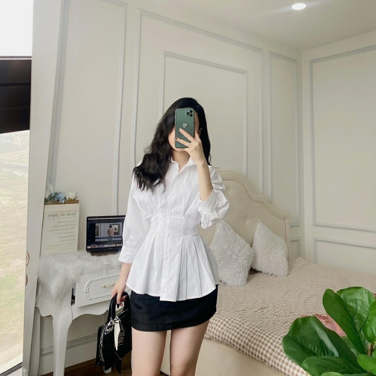 Áo sơ mi nữ trắng công sở nhúm eo dáng xòe nữ tính