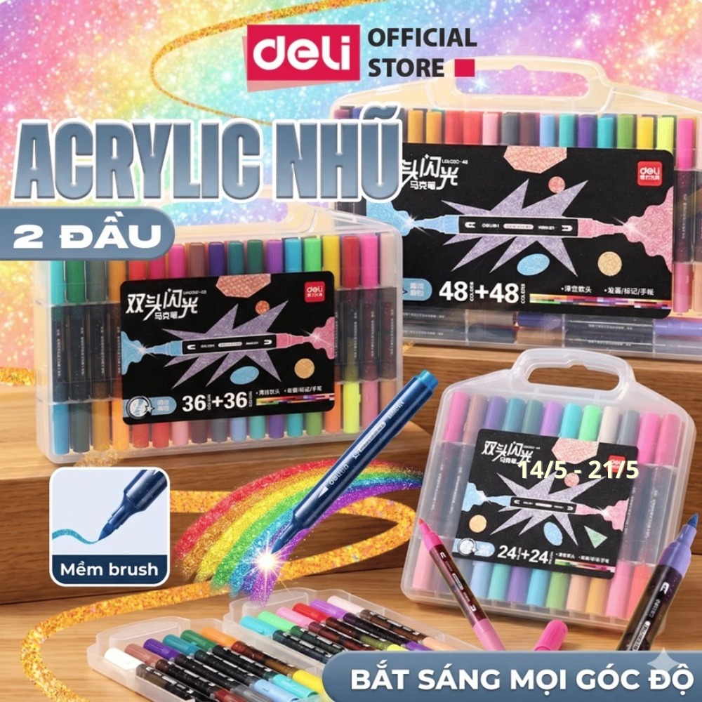 [SALE 39K] Bút Marker Nhũ Kim Tuyến 2 Đầu 12/24/36/48 Màu Cao Cấp Deli Nhũ Sáng Màu Vẽ Anime, Bullet Journey