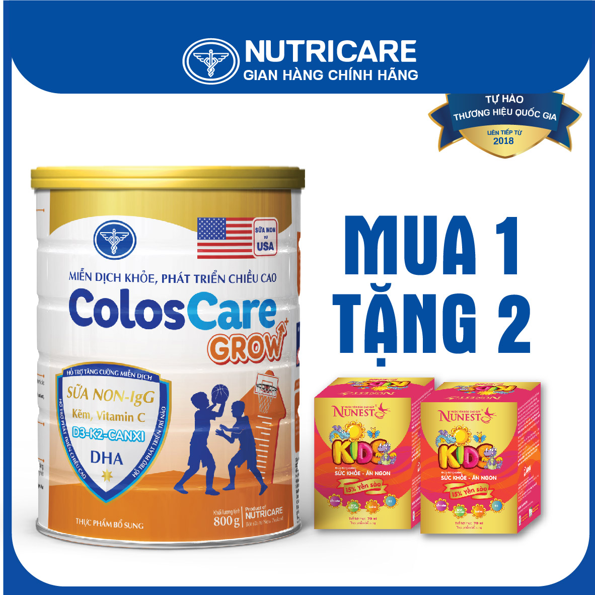 [Tặng 2 lọ yến] Sữa bột Nutricare Coloscare GROW+ phát triển chiều cao tăng miễn dịch 800g