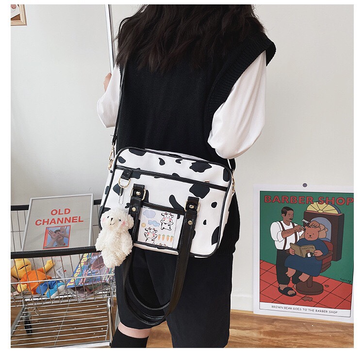 Túi đeo chéo bò sữa vải Canvas in bò trắng đen thời trang Ulzzang Unisex - B100