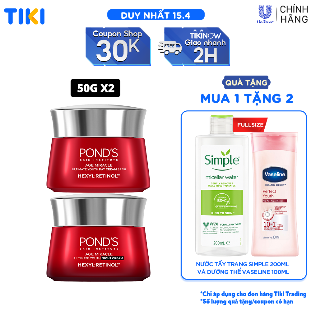 Bộ Đôi Kem Dưỡng Chống Lão Hóa Da Ngày Và Đêm Pond's Age Miracle giúp mờ đốm nâu, nếp nhăn với 50X Hexyl-Retinol 45g x 2