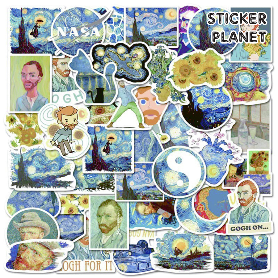 Bộ sticker chủ đề tranh của họa sĩ vangogh chống thấm nước trang trí mũ bảo hiểm, đàn, guitar, ukulele, điện thoại laptop