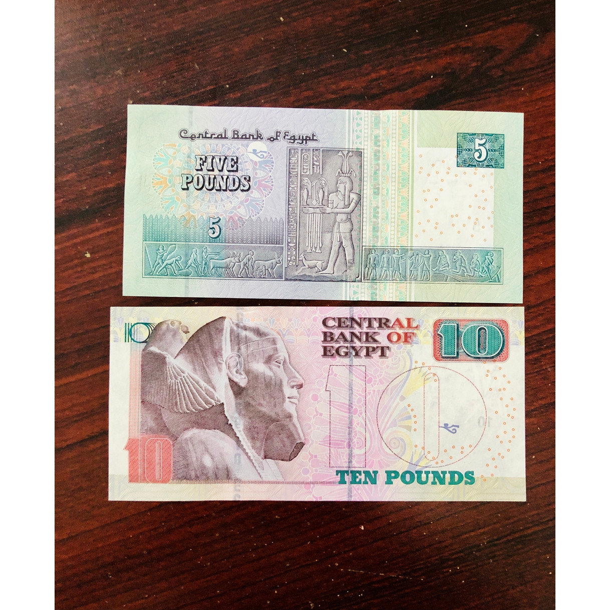 Combo 2 Tờ Tiền Ai Cập 5 10 Pound hình tượng nhân sư, mới 100% UNC, kèm bao lì xì