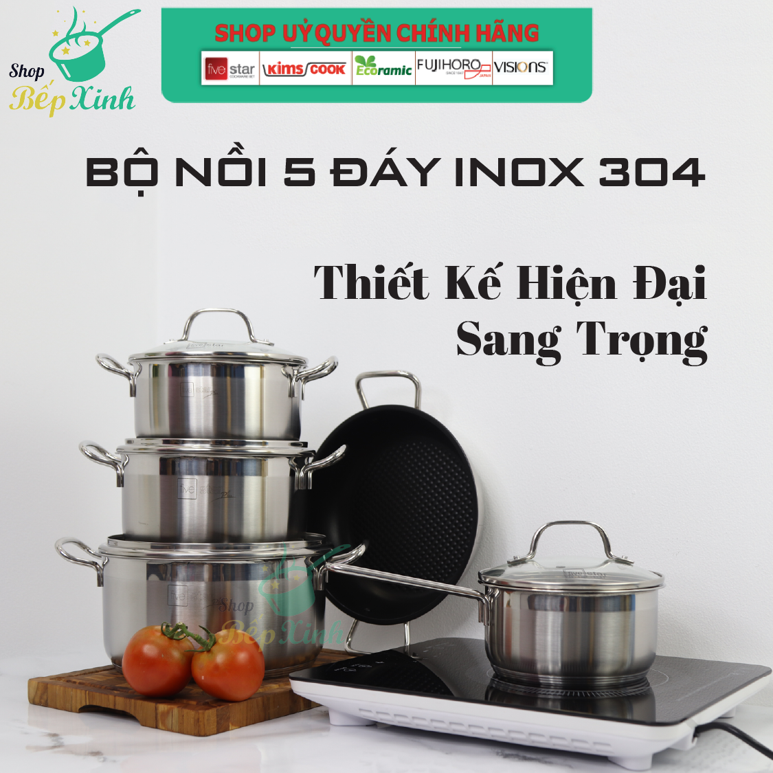 Bộ Nồi 5 Đáy Inox 304 Cao Cấp Bếp Từ Fivestar Plush FPB55D001 Nắp Kính , bảo hành 25 năm , tặng 1 vá canh inox