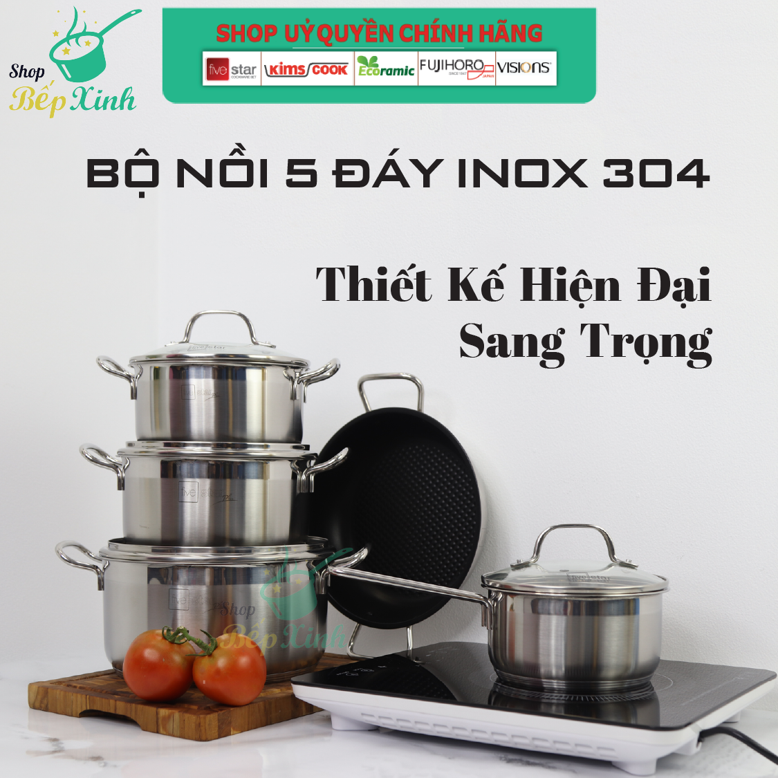 Bộ Nồi 5 Đáy Inox 304 Cao Cấp Bếp Từ Fivestar Plush FPB55D001 Nắp Kính , bảo hành 25 năm