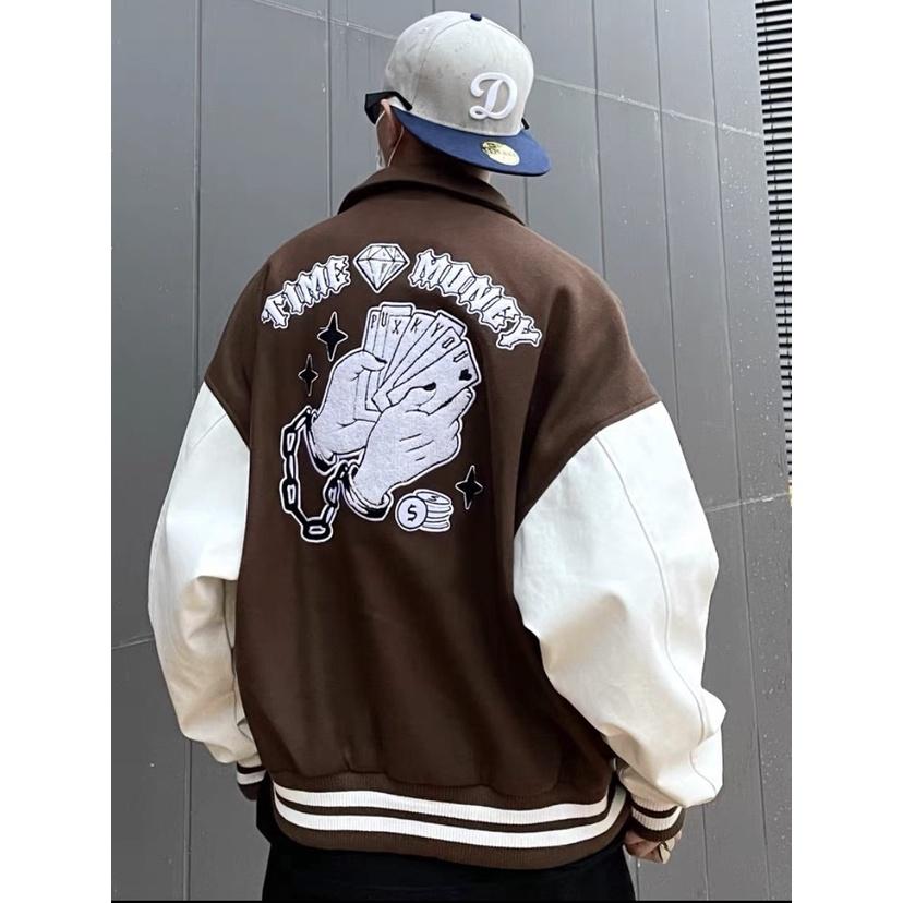 Áo Khoác Bomber Nam Nữ Cổ Bẻ Kiểu Nút Bấm TIME MONEY Hình In Sắc Nét Phong Cách HipHop Hot trend Mới