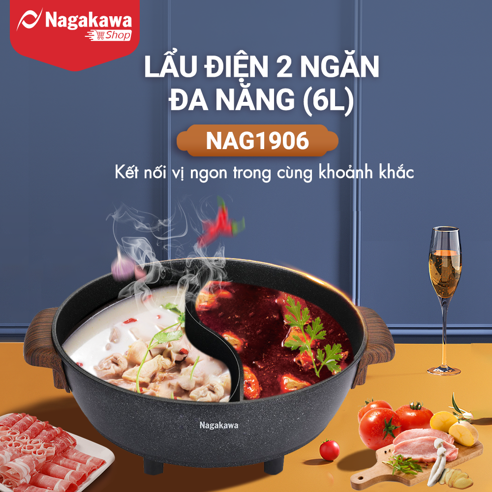 Lẩu điện 2 ngăn đa năng Nagakawa NAG1906 (6.0 Lít) - Hàng Chính Hãng