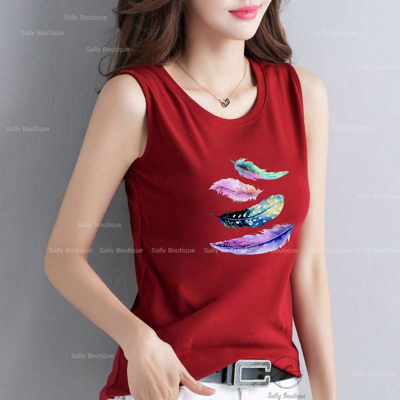 Áo Thun Sát Nách Nữ Bản To In Hình Lông Vũ Thun Cotton 100% Co Giãn 4 Chiều, Mềm Mịn Mặc Mát - Sally Boutique-SN137