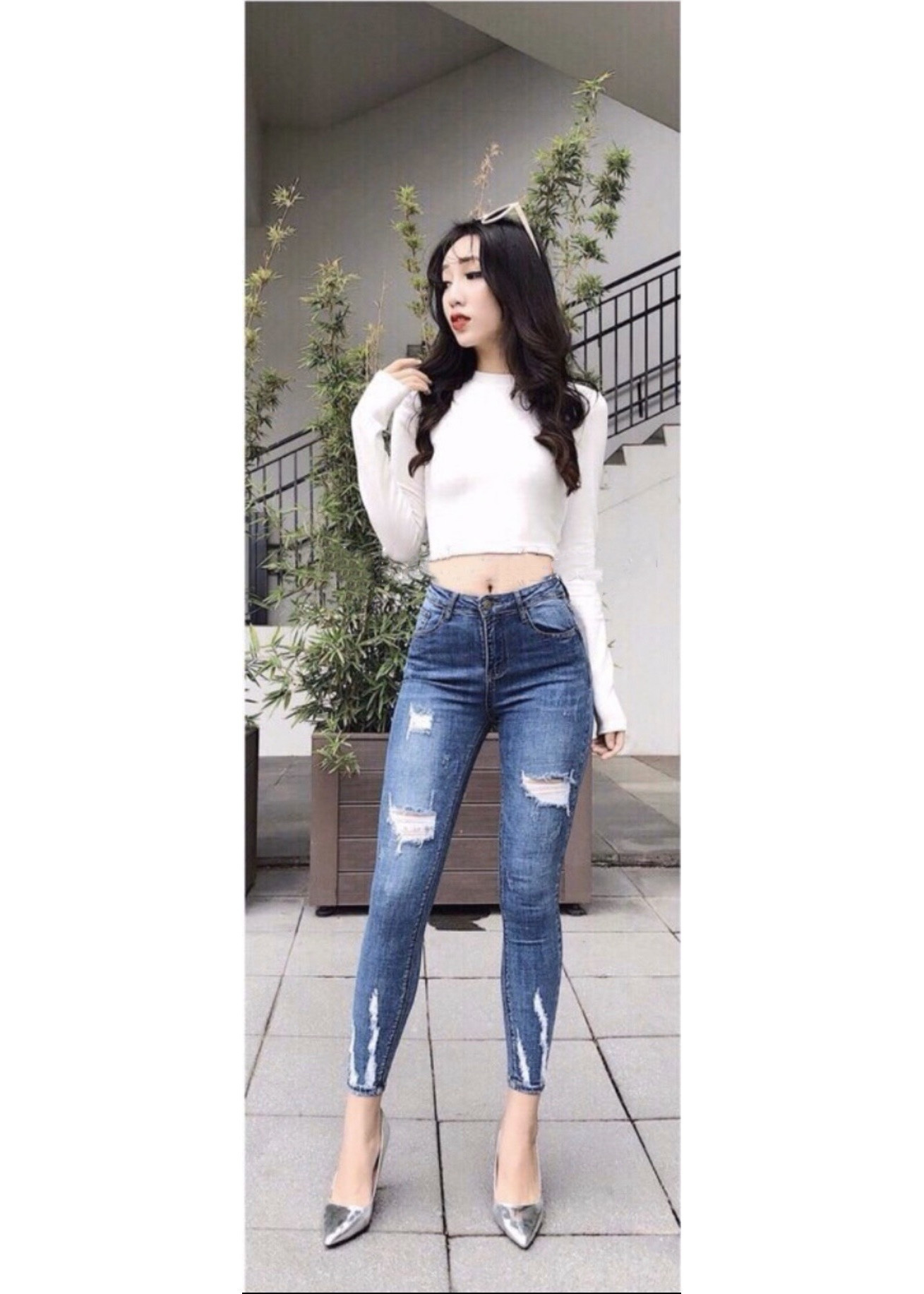 Quần jean dài BIG SIZE ôm skinny rách kiểu lưng cao, co dãn mạnh 2392