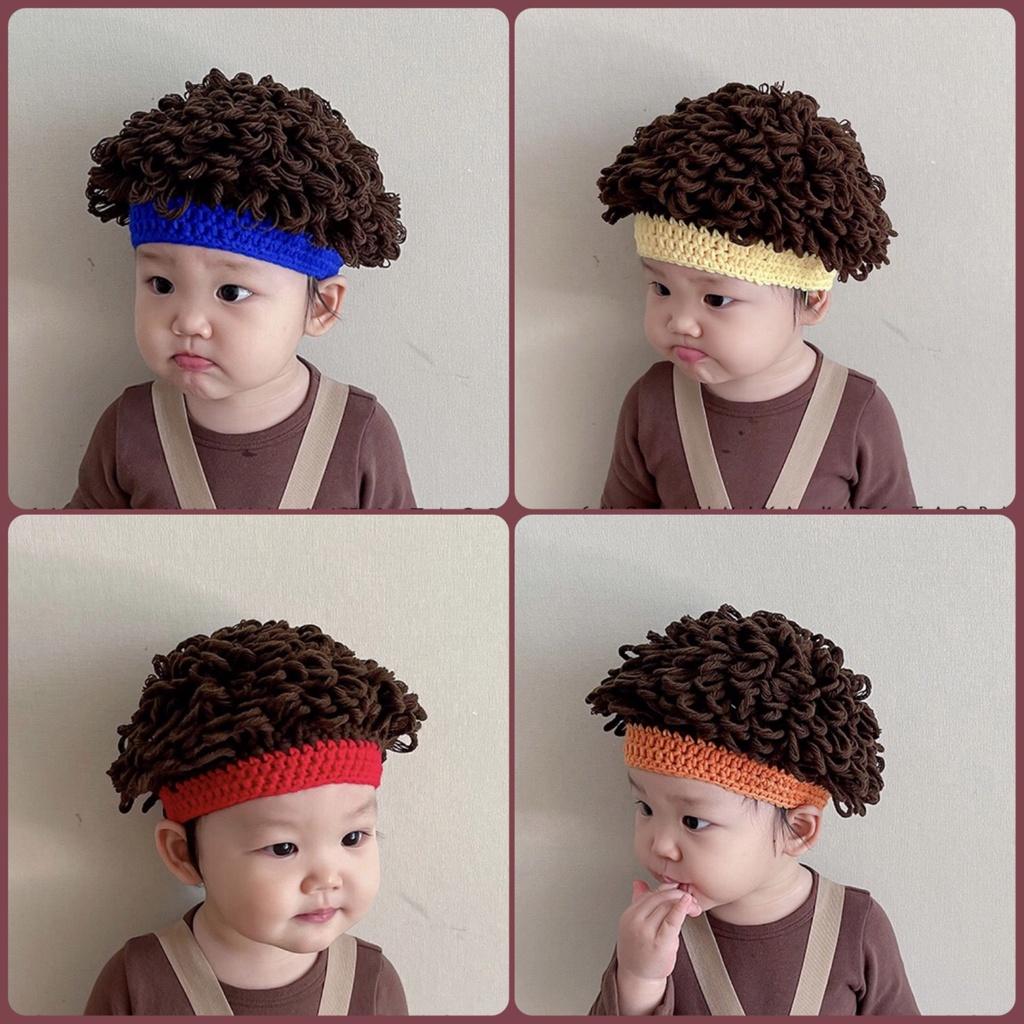 Mũ len giả tóc xoăn bé trai, headband tóc giả cho bé 6 tháng - 3 tuổi