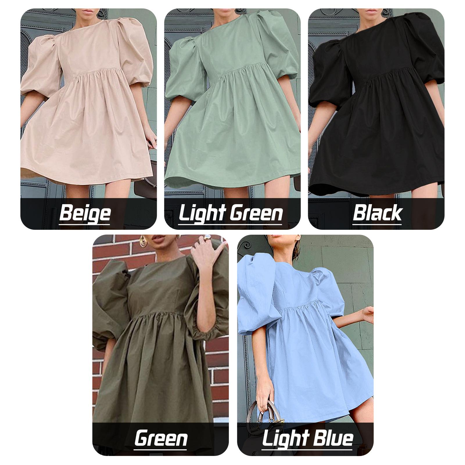 Women Fashion Dress Lantern Half Sleeve A Line Loose O-Neck Mini Dress Summer Dress