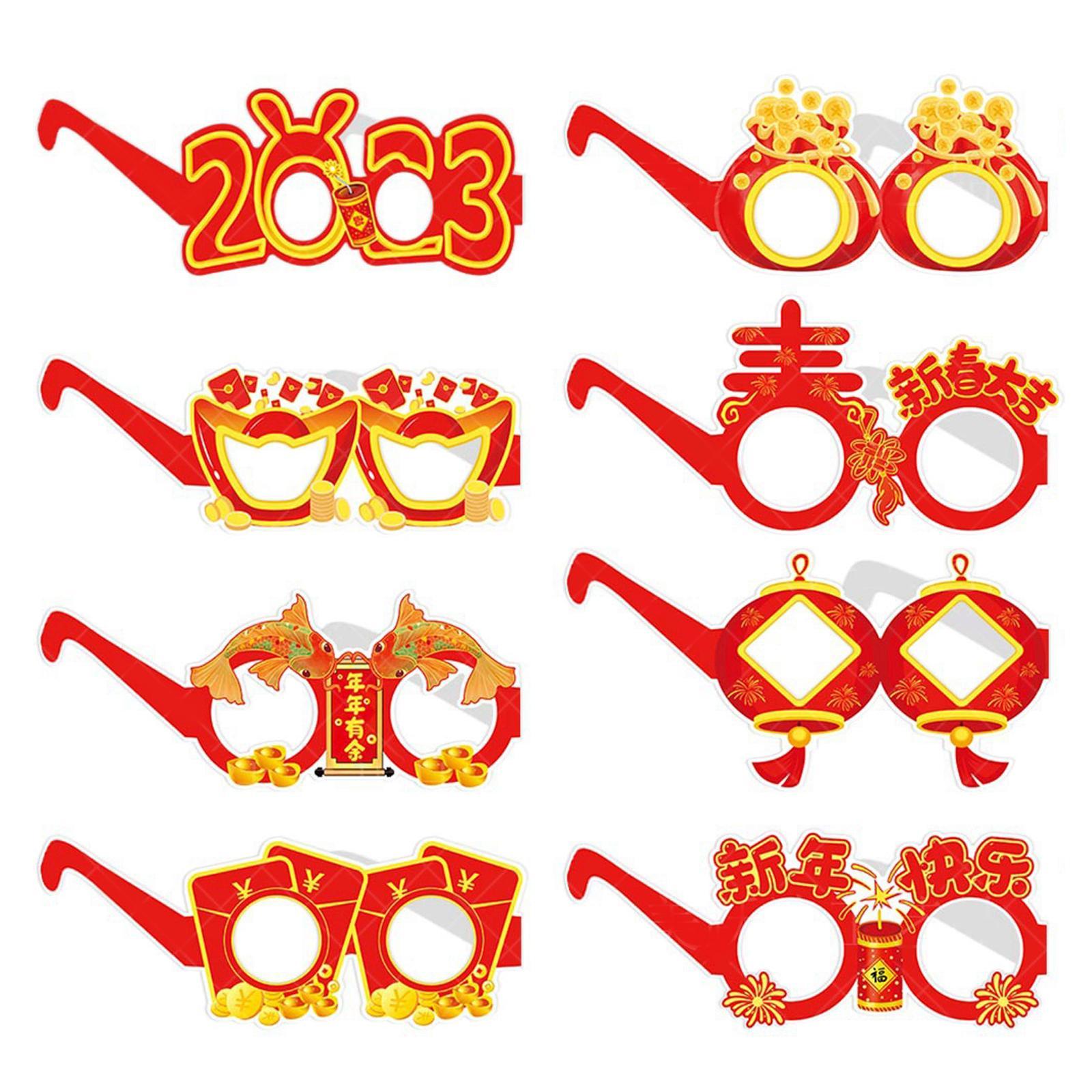 8x Cute New Year Photo Glasses Booth Props Frame Paper Prop Party Adults Kids Accessories