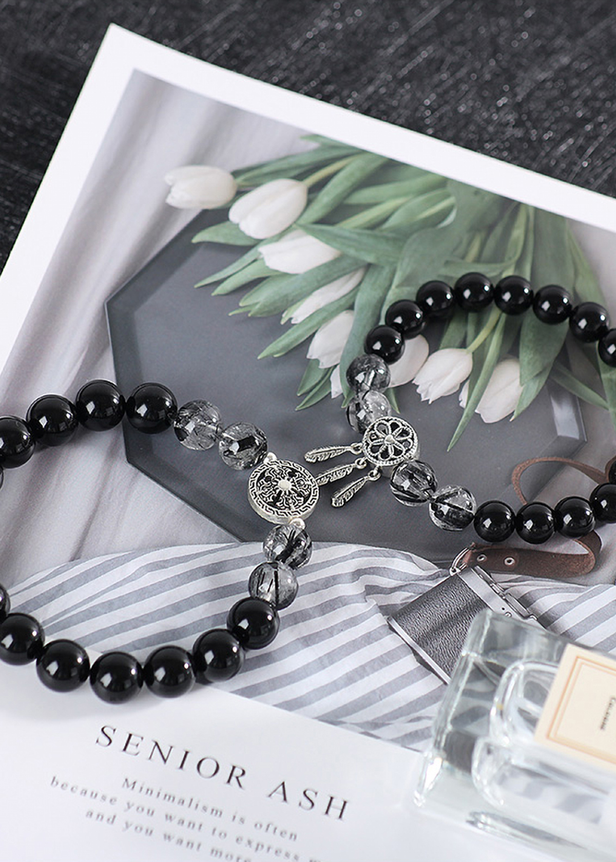 Vòng tay đôi đá Obsidian phối thạch anh tóc đen và charm bạc mệnh thủy, mộc - Ngọc Quý Gemstones