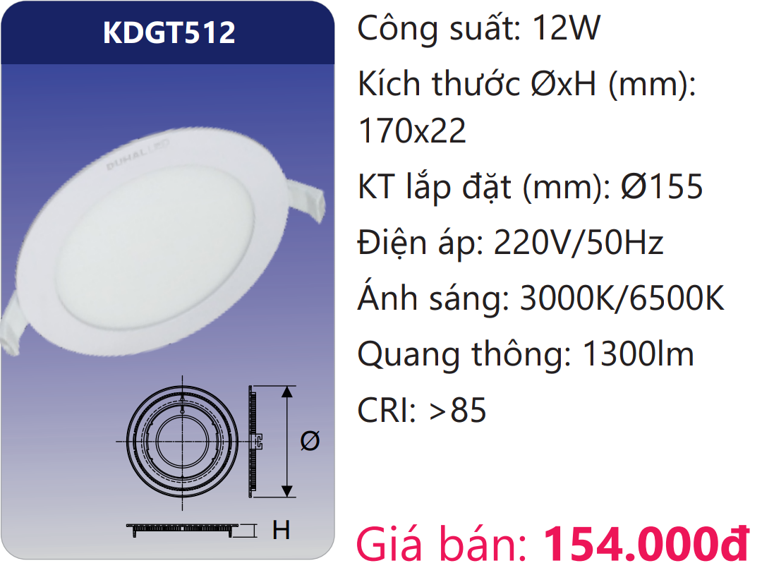 Đèn led Panel âm trần Duhal KDGT512 12W - Ánh sáng trắng