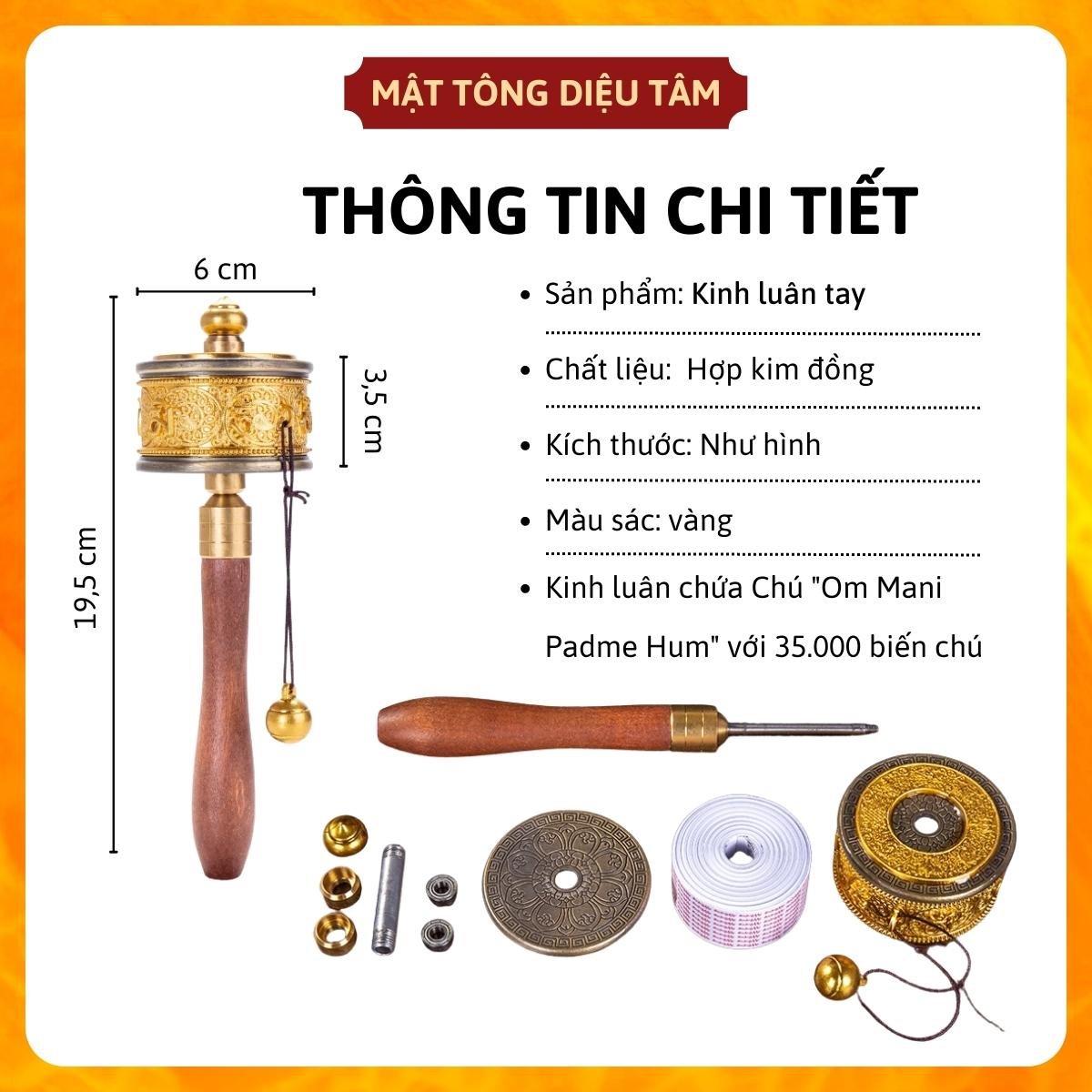 Kinh luân cầm tay tây tạng 35000 câu chú Om Mani Padme Hum màu vàng mật tông MS280 Diệu Tâm