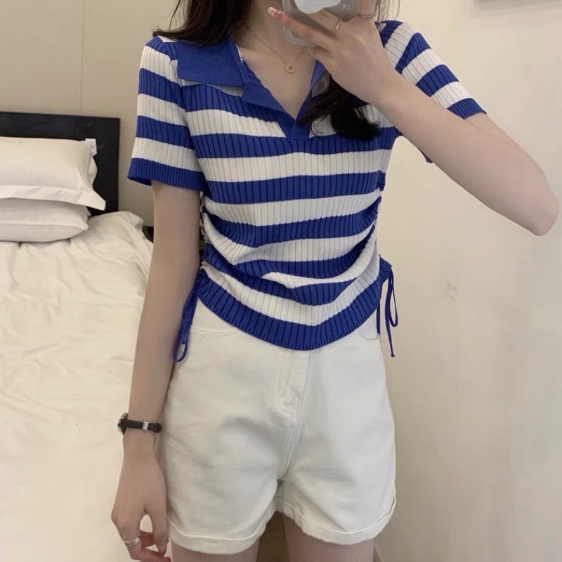 Áo cardigan dệt kim tay ngắn hoạ tiết kẻ sọc Hàn Quốc cho nữ AL04