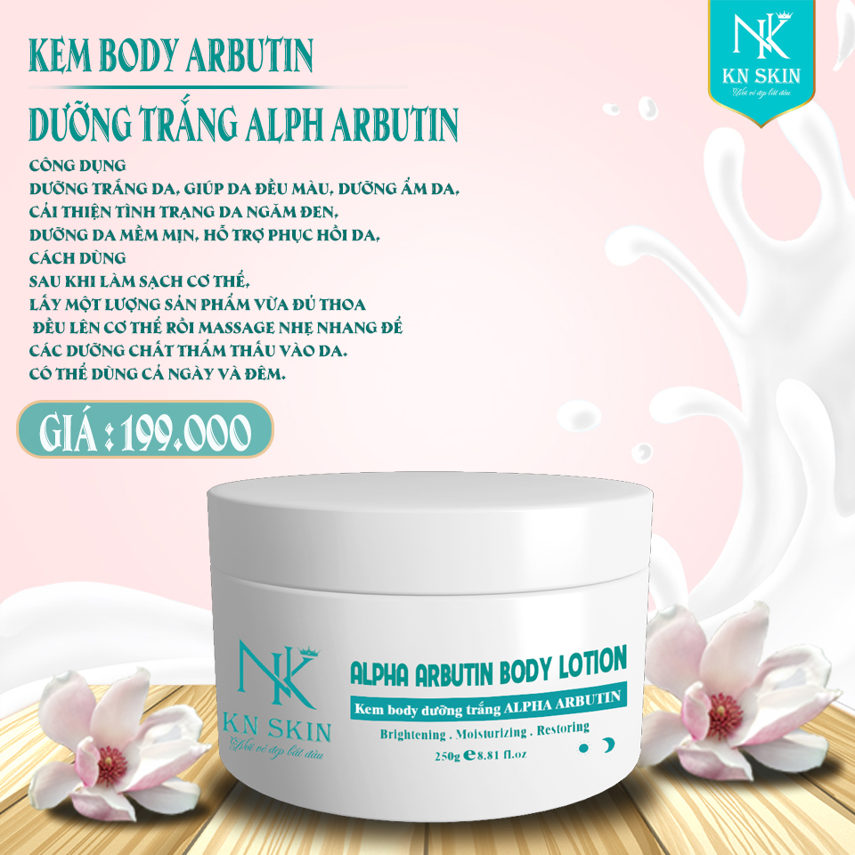 KEM BODY DƯỠNG TRẮNG DA ABUTIN KN SKIN Đường trắng da, giúp da đều màu, dưỡng ẩm da, cải thiện tình trạng da ngâm đen, dưỡng da mềm mịn, hỗ trợ phục hồi da.