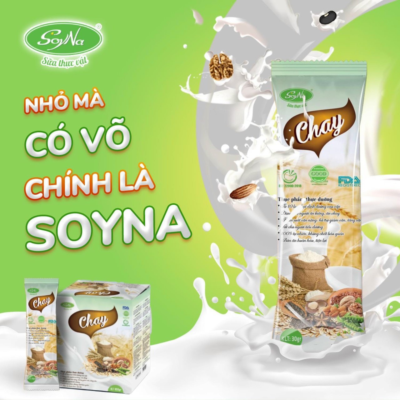 Sữa Thực Vật Chay SoyNa dạng hộp giấy tiện dụng 16 gói 480gr chính hãng tặng kèm 2 gói sữa hạt và 1 ly pha sữa