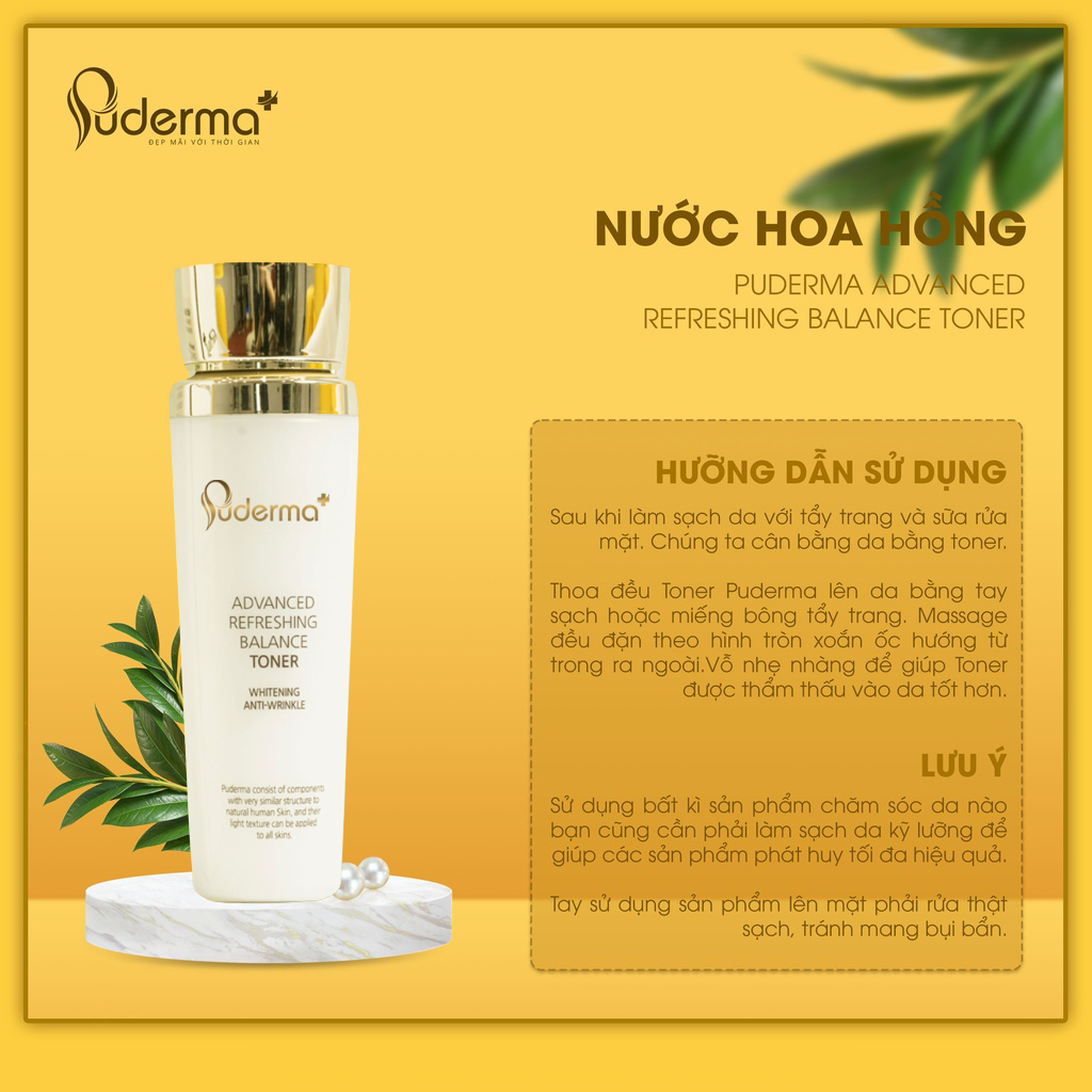 Nước Hoa Hồng PUDERMA ADVANCED REFRESHING BALANCE TONER: làm sạch lớp trang điểm, bụi bẩn, dầu thừa trên da, giúp làm se khít lỗ chân lông, đồng thời cung cấp độ ẩm và dưỡng chất cho da, mang lại làn da trắng, mịn màng.