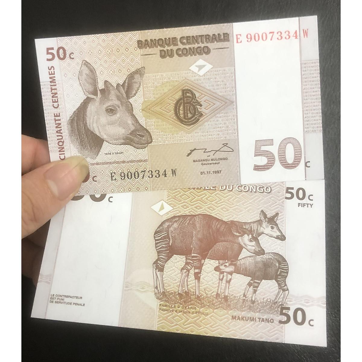 Tờ tiền 50 Francs Congo, mới cứng, tặng kèm bao nilong bảo quản
