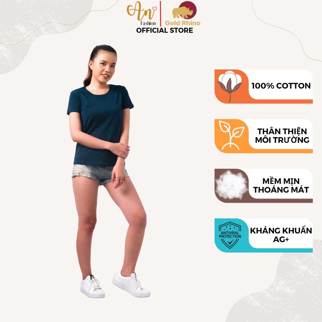 Áo Phông Nữ Cổ Tròn Màu LAM JP Chất Liệu 100% Cotton Cao Cấp, Kháng Khuẩn Ag+, Khử Mùi Cả Ngày - Gold Rhino