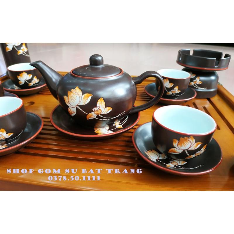 Bộ ấm trà men nâu vẽ hoa đào, hoa sen