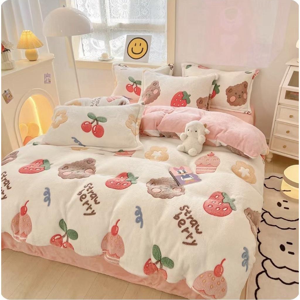 Bộ Chăn Ga Gối Nỉ Nhung Tuyết Sữa , Chăn Ga Gối Nỉ Nhung Mềm Mịn Cao Cấp, Ga Nỉ Nhung Bo Chun Mọi Kích Thước