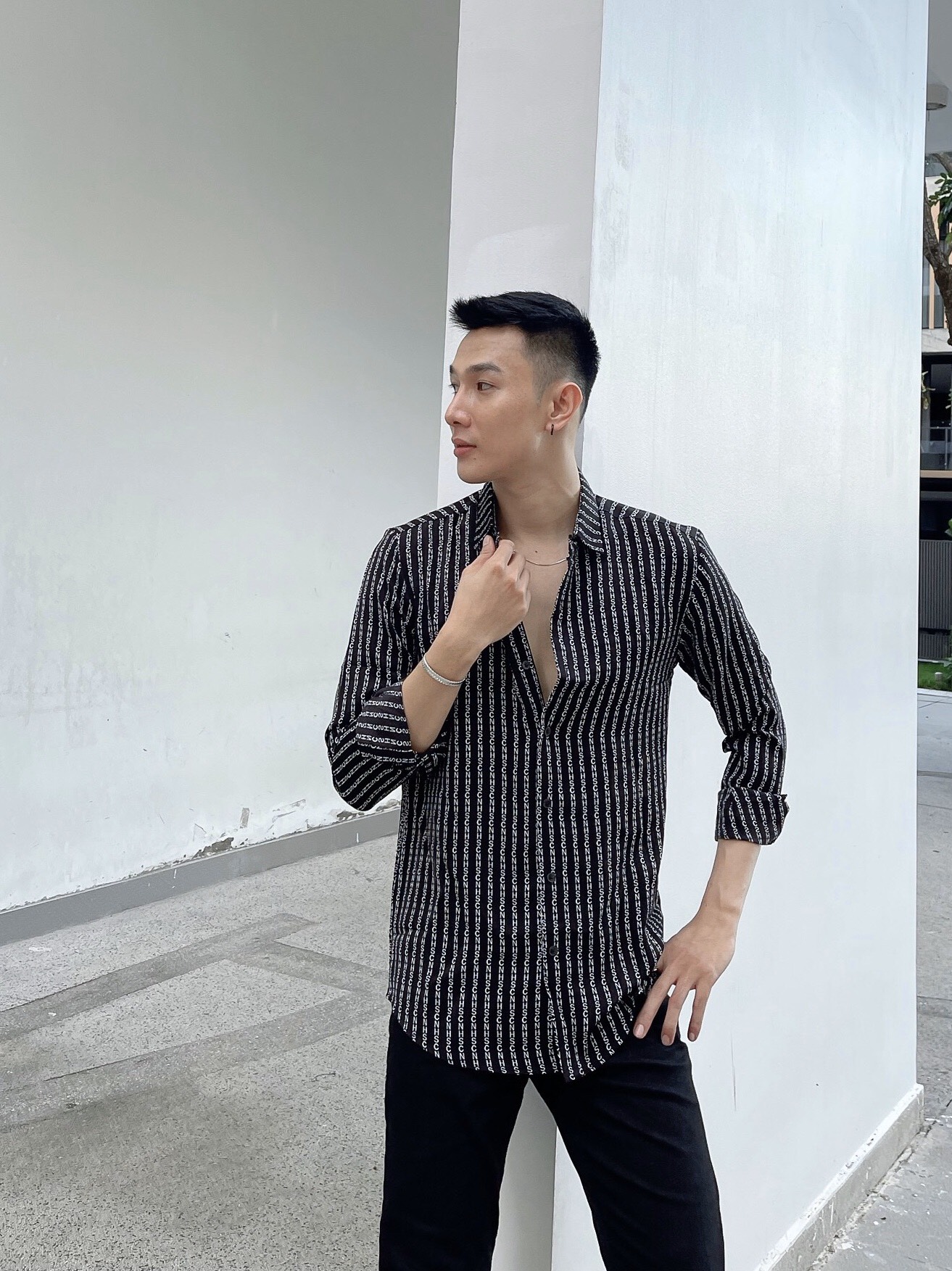 Áo sơ mi nam dài tay vải lụa họa tiết S1
