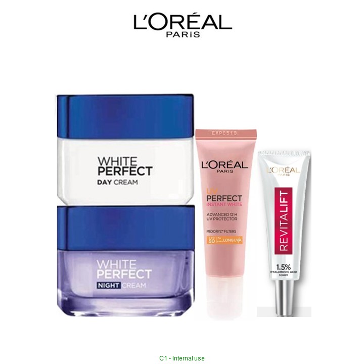 Bộ 4 Sản Phẩm Chăm Sóc Dưỡng Ẩm Trắng Sáng Da, Chống Nắng L'Oreal Paris White Perfect (WP bundle + HA 7.5 + UV 15)