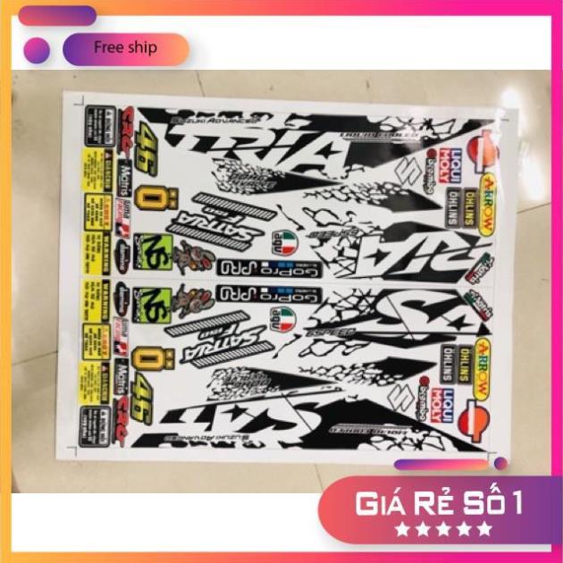 Trọn bộ tem rời Satria Fi trắng đen 3 lớp ko bay màu bảo hành màu sắc vĩnh viễn