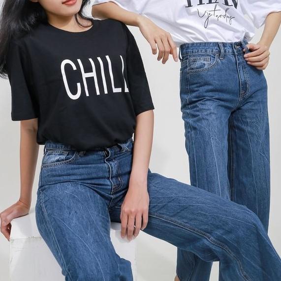 Quần jean ống suông nữ wash, lưng cao