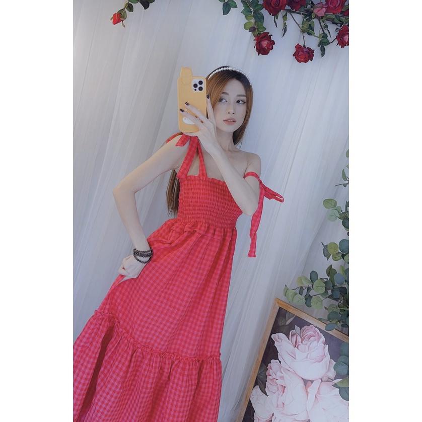 Đầm maxi nữ hai dây cột nơ caro siêu xinh dạo phố du lịch bầu bì bon chen kèm hình thật bao đẹp htd8740