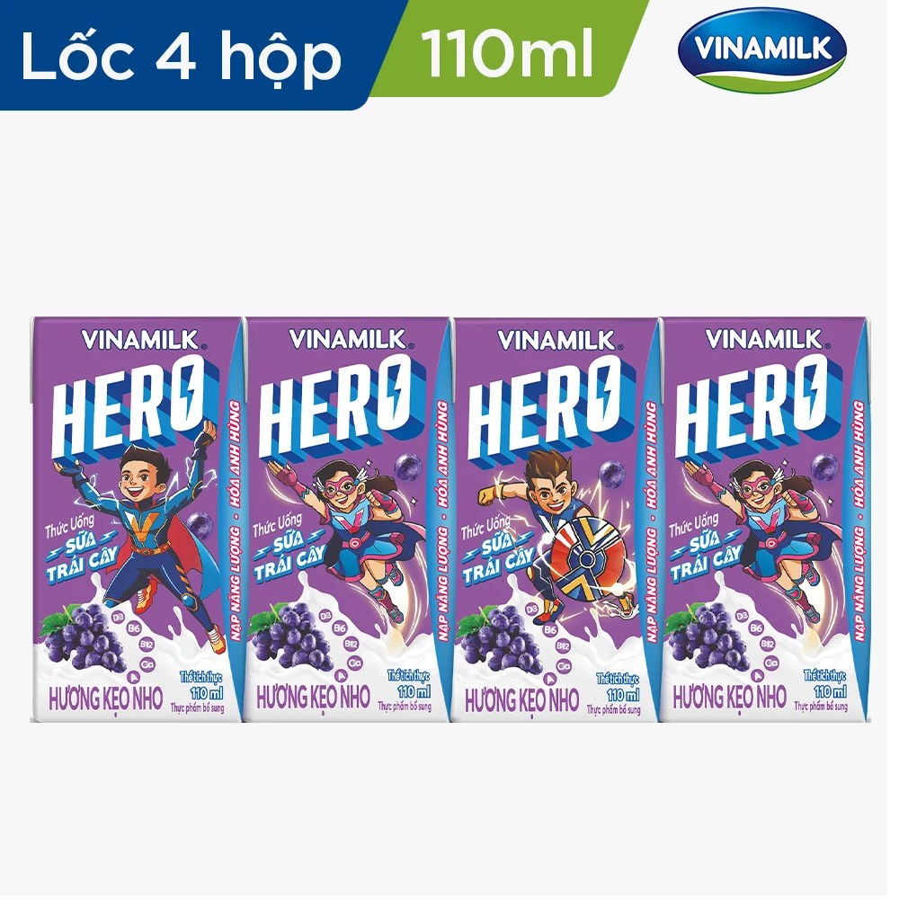 THỨC UỐNG SỮA TRÁI CÂY HERO VỊ KẸO NHO VINAMILK - HỘP X 110ML