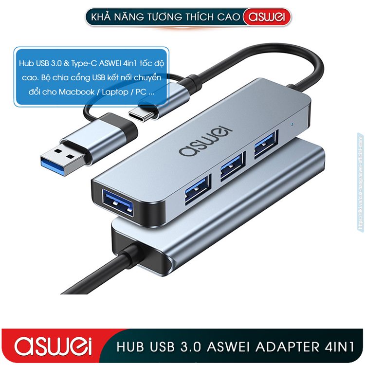 Hub Chuyển Đổi USB Type C ASWEI - 4 in 1, 5 in 1, 6 in 1, 7 in 1, 8 in 1 - HDMI, USB 3.0, PD, SD, TF, RJ45, Audio 3.5mm - Tốc Độ Cao, Hàng Chính Hãng