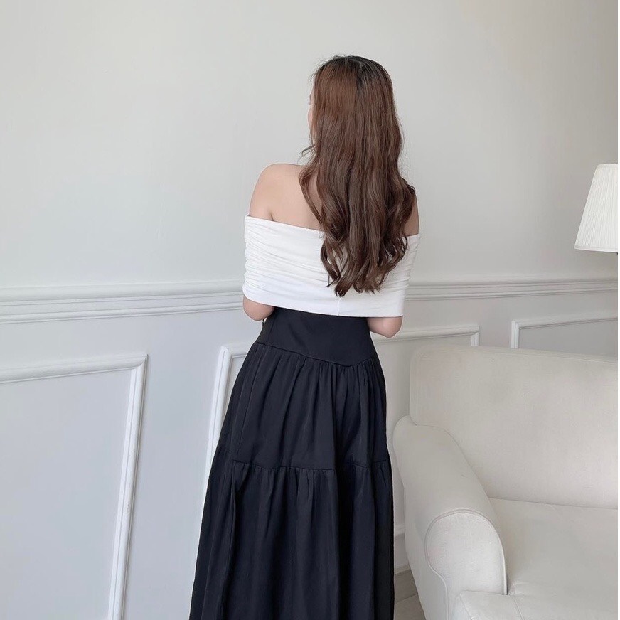 Chân váy midi nhún tầng bản lưng cao che khuyết điểm bụng cho nàng