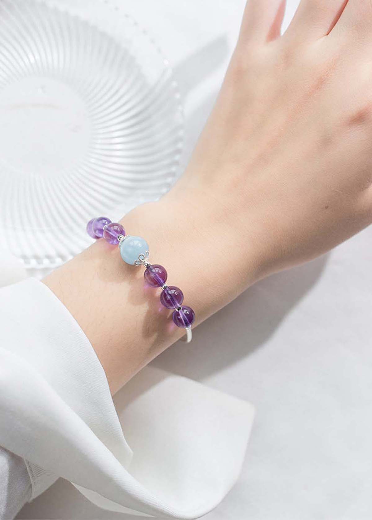 Vòng tay bạc đá thạch anh tím phối Aquamarine - Ngọc Quý Gemstones