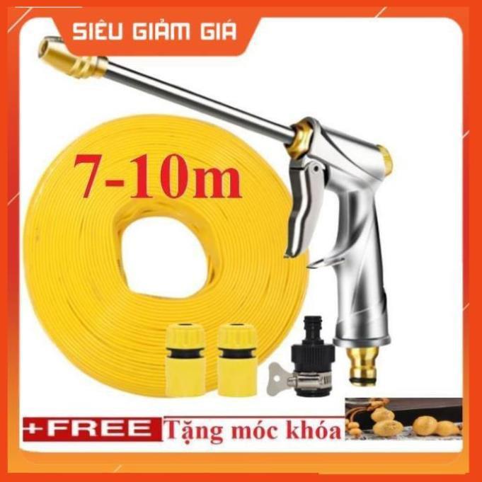 Bộ dây vòi xịt nước rửa xe, tưới cây . tăng áp 3 lần, loại 7m, 10m 206701-2 đầu đồng,cút,nối đen+ tặng móc khoá
