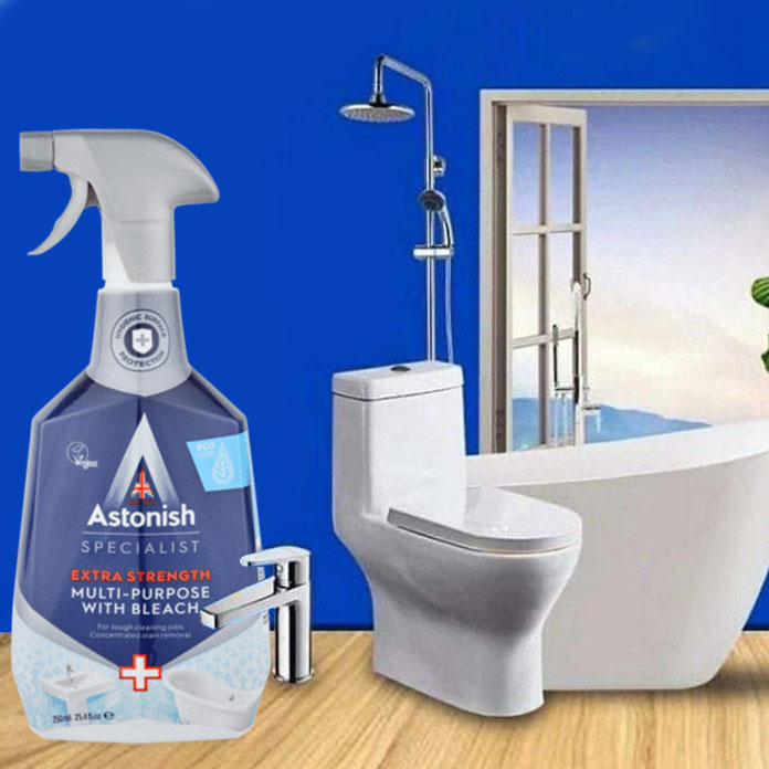 Bình xịt tẩy rửa nhà vệ sinh toilet Astonish C6780 750ml sản xuất tại Anh Quốc chuyên tẩy vết bẩn ố vàng cặn phèn và mảng bám trên các thiết bị sử vệ sinh, nhà tắm như vòi sen, vòi nước, màng nhựa, tường gạch men